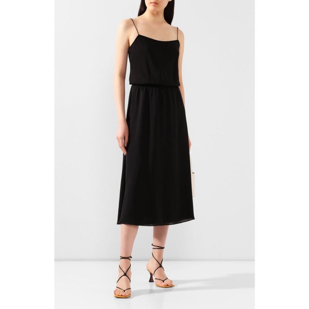 Women's Theory Black Rib Waistband‎ Silk Combo Midi Dress S